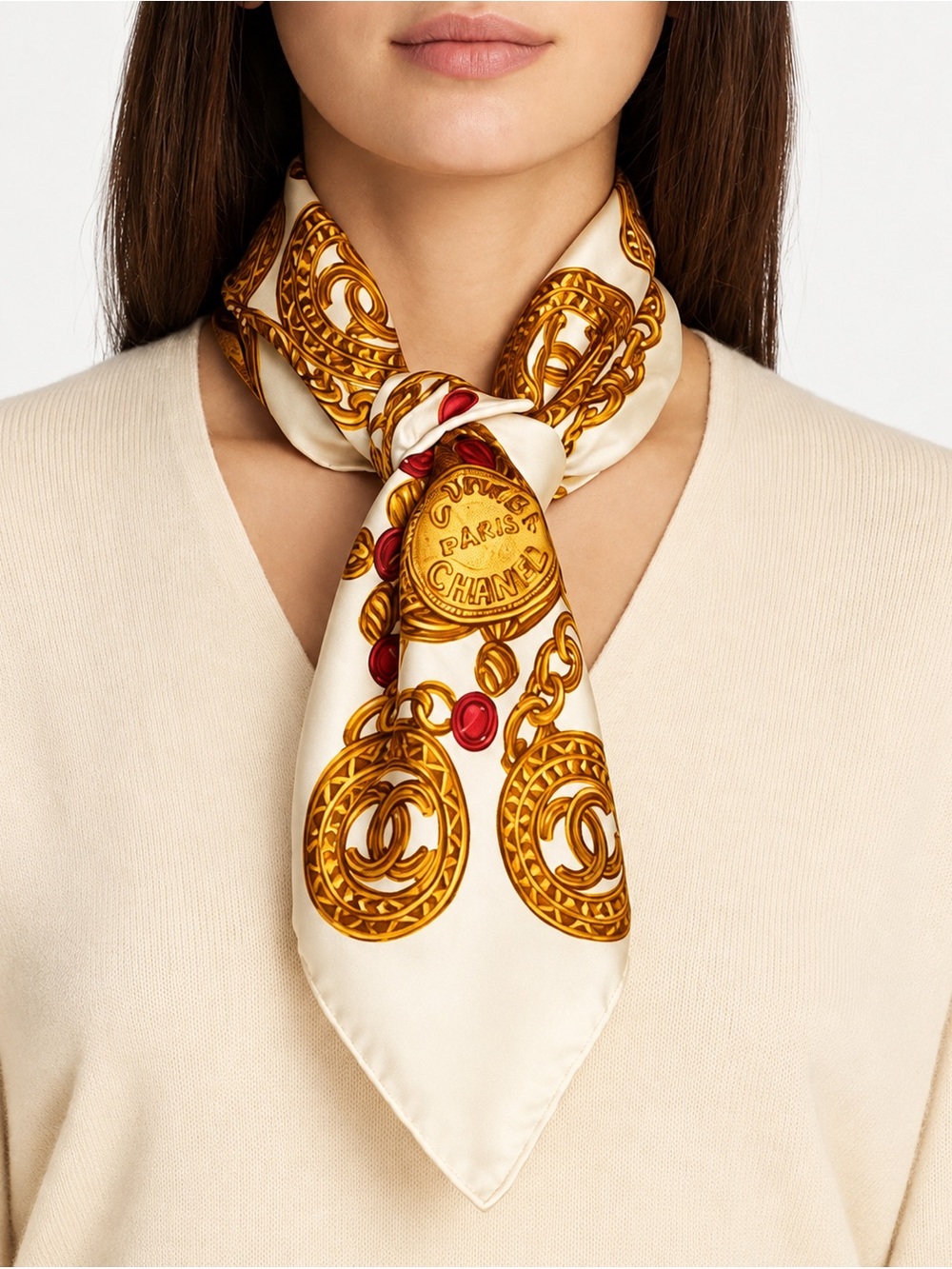 CHANEL CC Logo Pink 100% Silk Jewelry Print Scarf